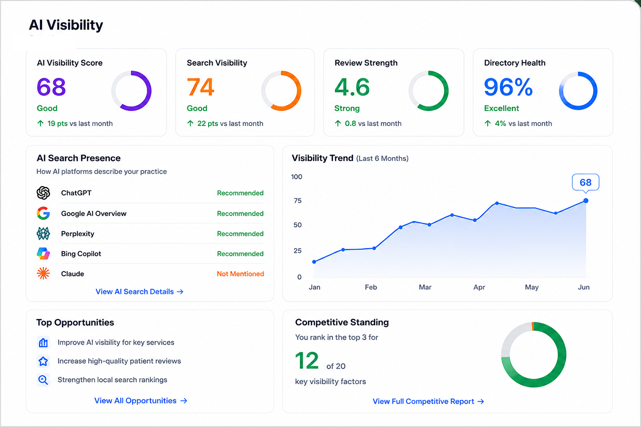 AI Visibility dashboard showing AI visibility score, Search Engine Visibility, review strength, directory health, AI search presence, visibility trend, top opportunities, and competitive standing.