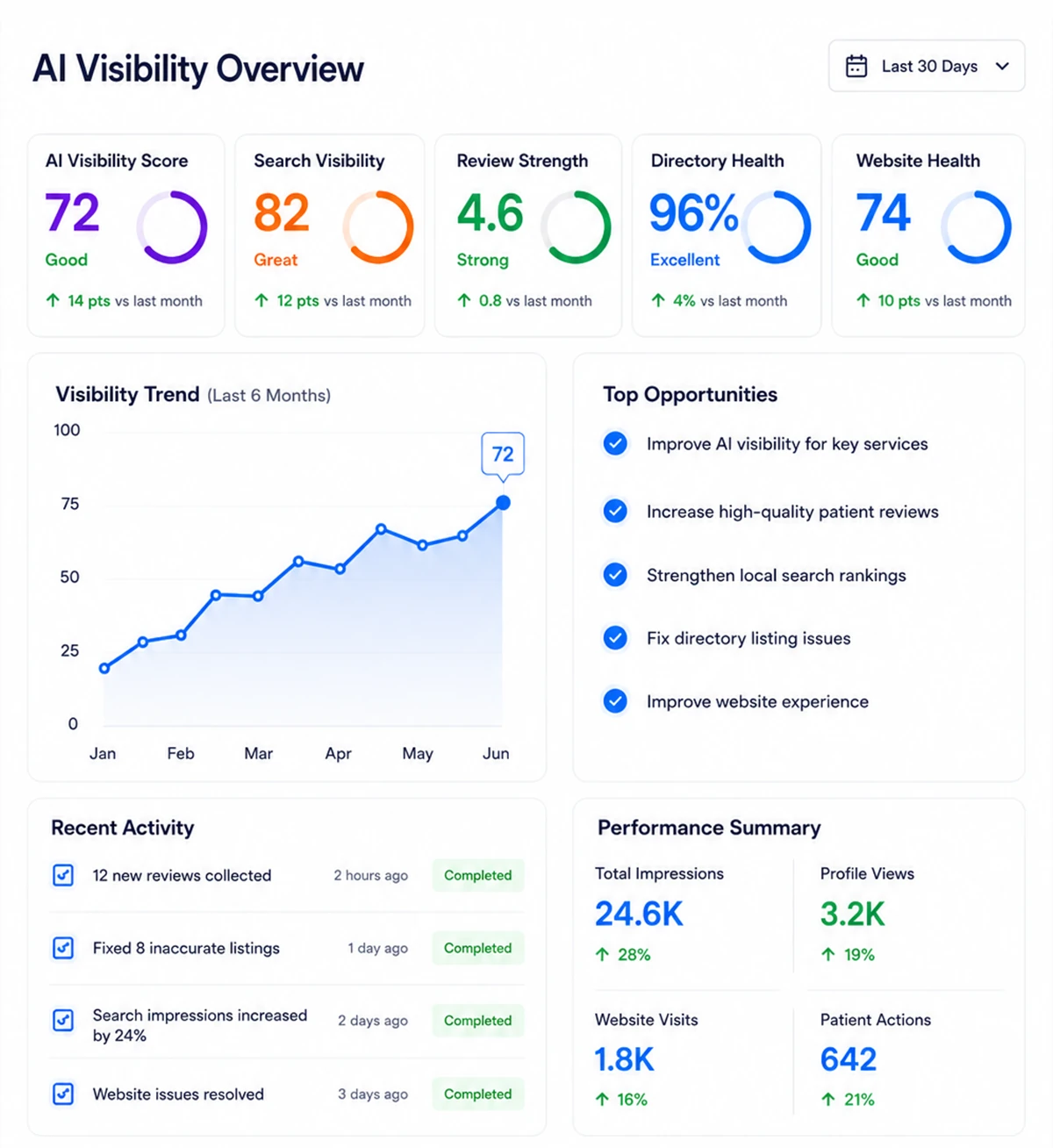 AI Visibility Overview dashboard showing AI visibility score, Search Engine Visibility, review strength, directory health, website health, visibility trend, top opportunities, and recent activity.