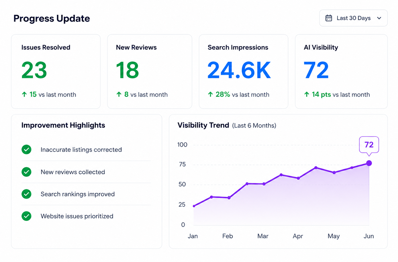 Progress Update dashboard showing issues resolved, new reviews, search impressions, AI visibility score, improvement highlights, and visibility trend.