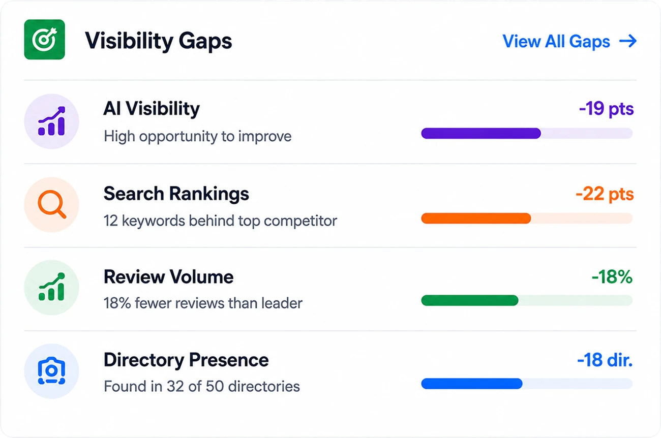 Visibility Gaps list highlighting AI visibility, search rankings, review volume, and directory presence opportunities.