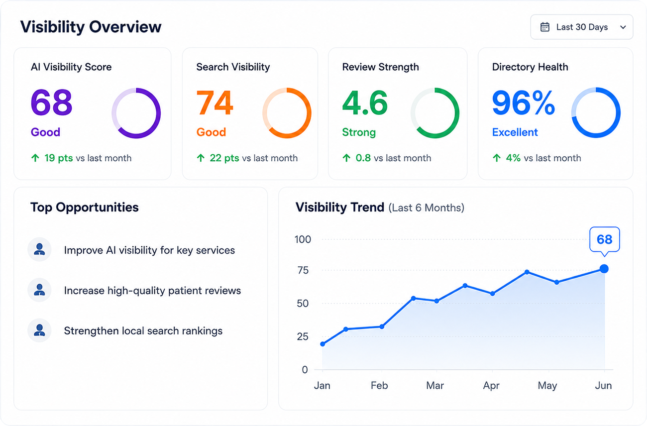 Visibility Overview dashboard showing AI visibility score, Search Engine Visibility, review strength, directory health, top opportunities, and visibility trend.